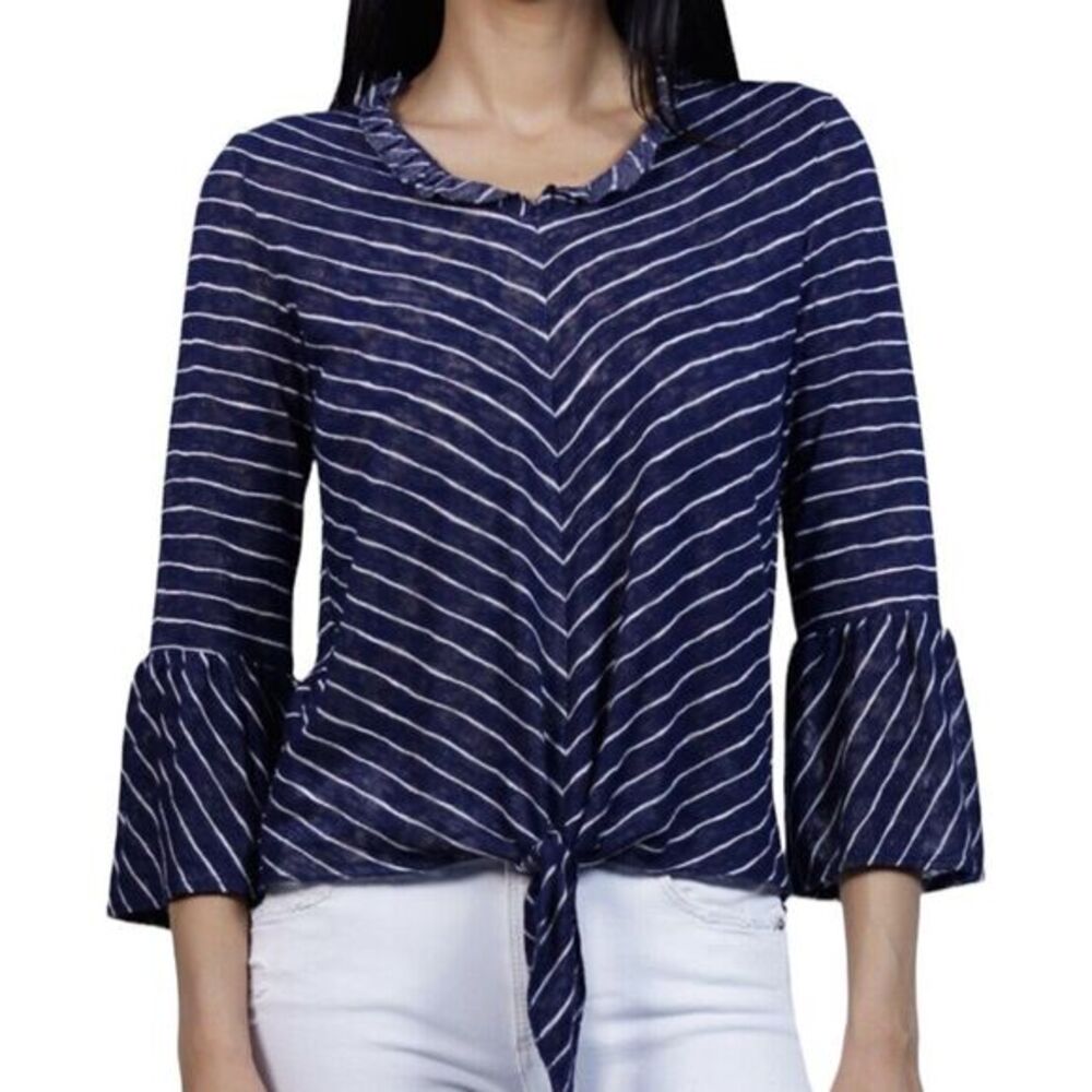 Coin 1804 Womens Blouse Sz Medium Striped Bell Sleeve Tie Front V Neck Ruffle